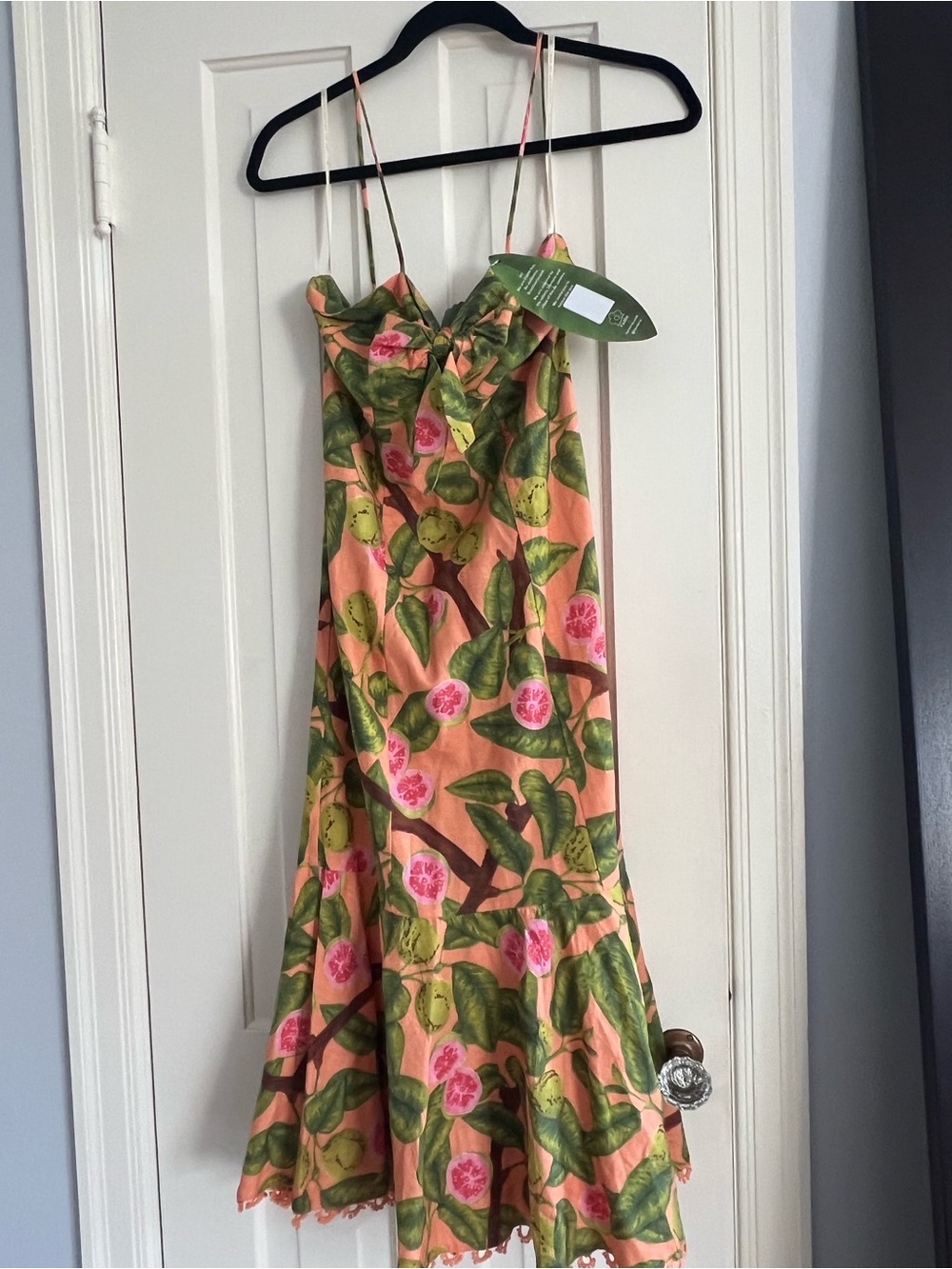 FARM Rio Peach Pink Floral Midi Slip Dress with Green Leaf Print